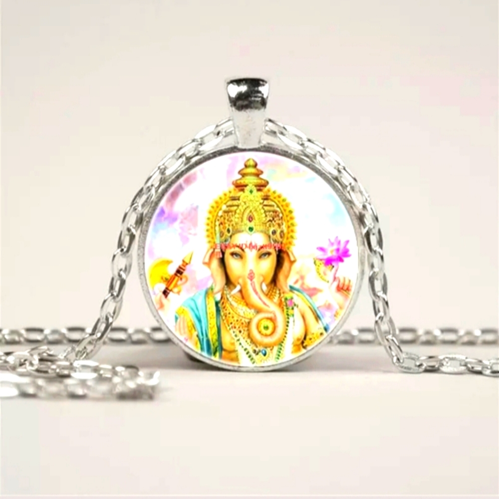 New Ganesh Silver Glass Cabochon Necklace.